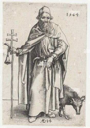 San antonio san antonio con un personal una cruz y una campana en la mano y un cerdo a sus pies en la parte inferior del espectaculo. Día de los animales